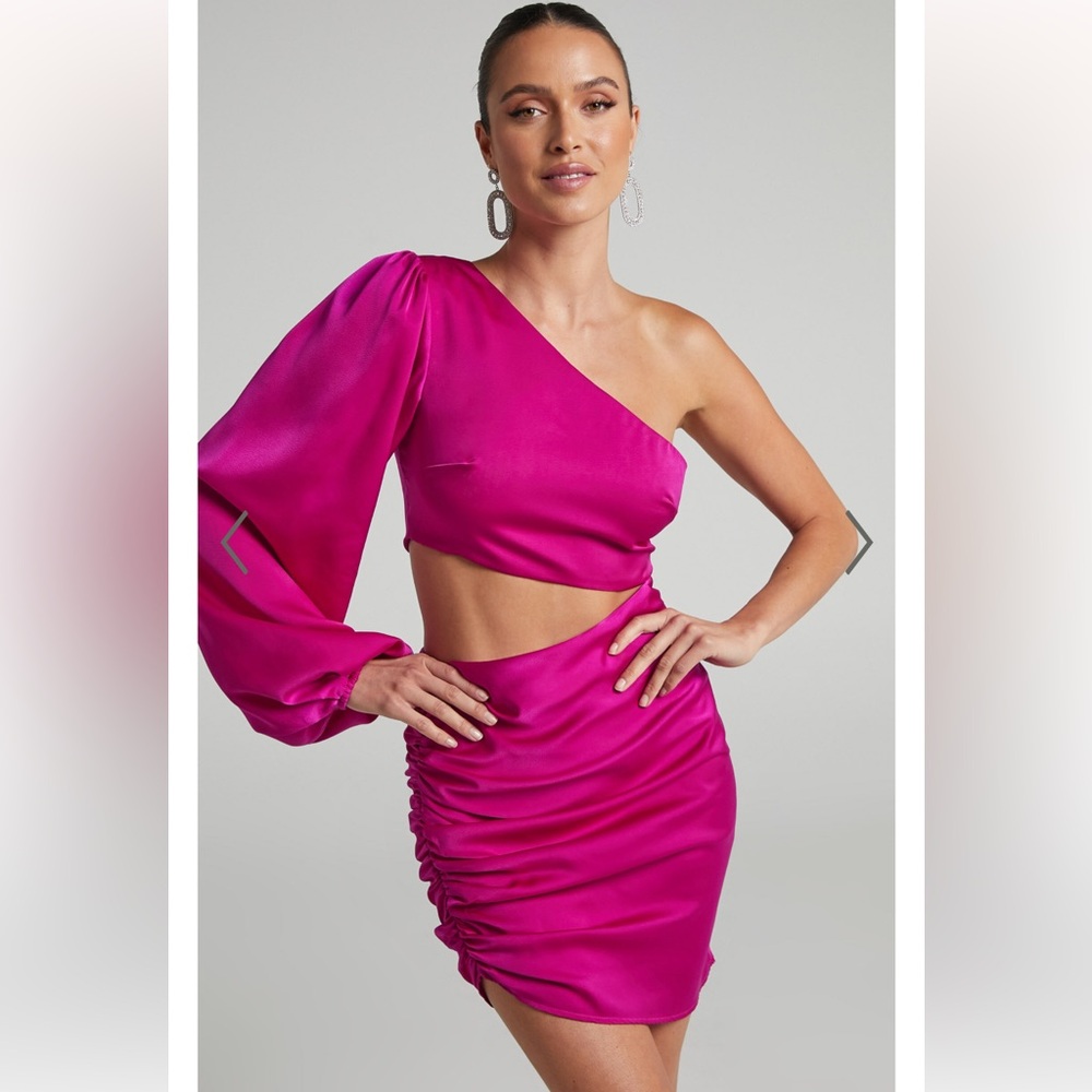 Showpo Rayanna One Shoulder Satin Long Sleeve Cut Out Mini Dress in Fuschia - Picture 7 of 10
